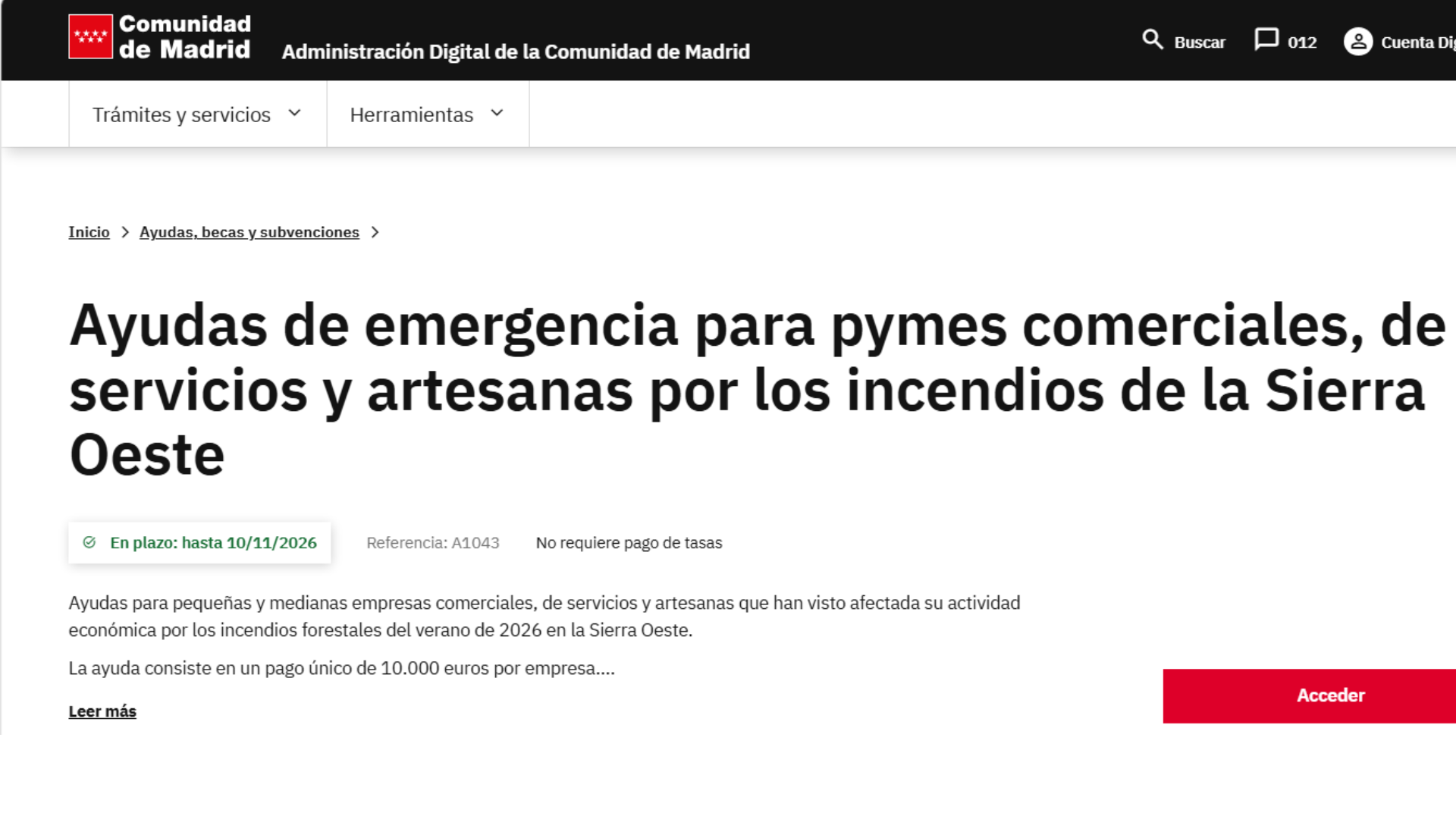 La Comunidad de Madrid abre el plazo de ayudas de emergencia para pymes comerciales, de servicios y artesanas afectadas por los incendios de la Sierra Oeste